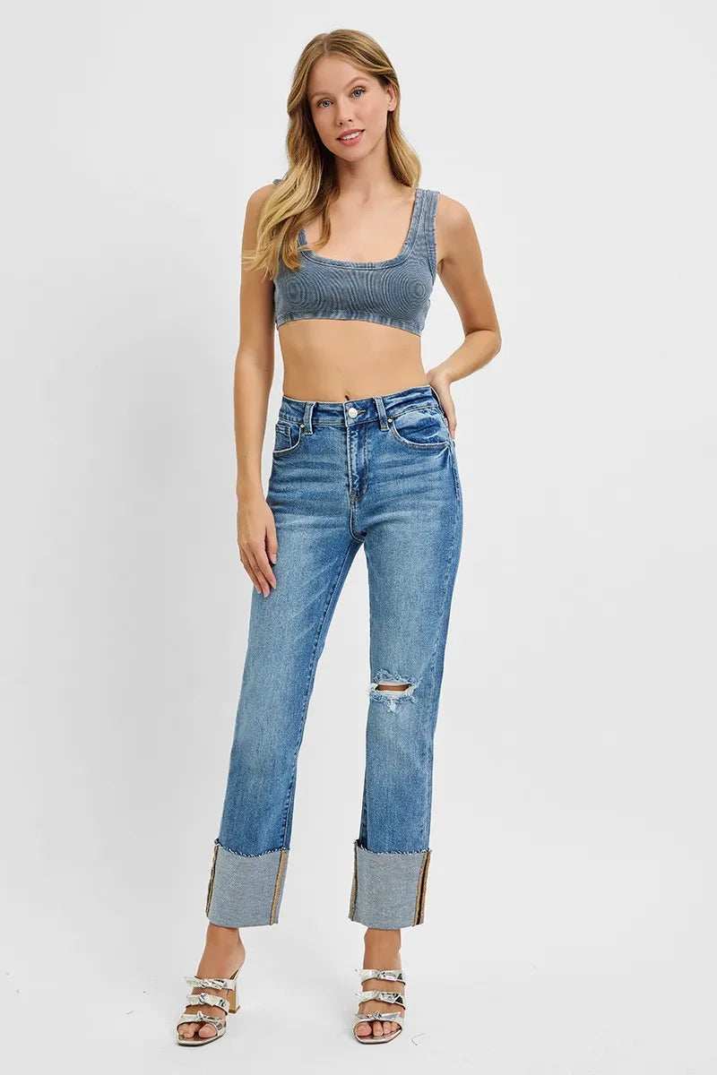RISEN Full Size High Rise Ankle Straight Wide Cuffed Jeans Plus Size - Trendsi - Flyclothing LLC