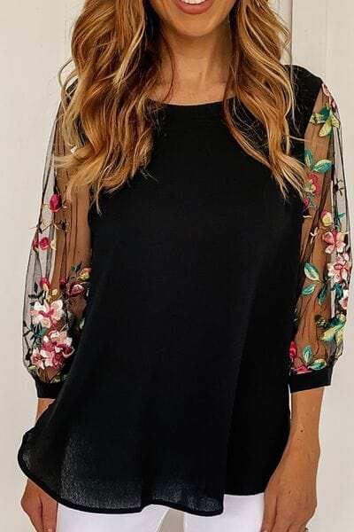 Floral Embroidered Sleeve Round Neck Blouse - Trendsi - Flyclothing LLC