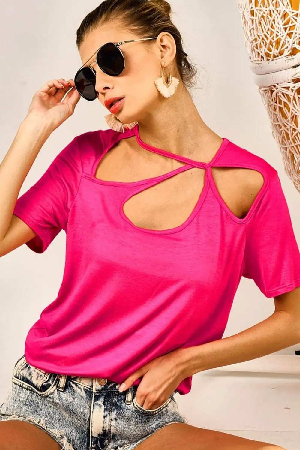 BiBi Cutout Asymmetrical Neck Short Sleeve T-Shirt - Trendsi - Flyclothing LLC