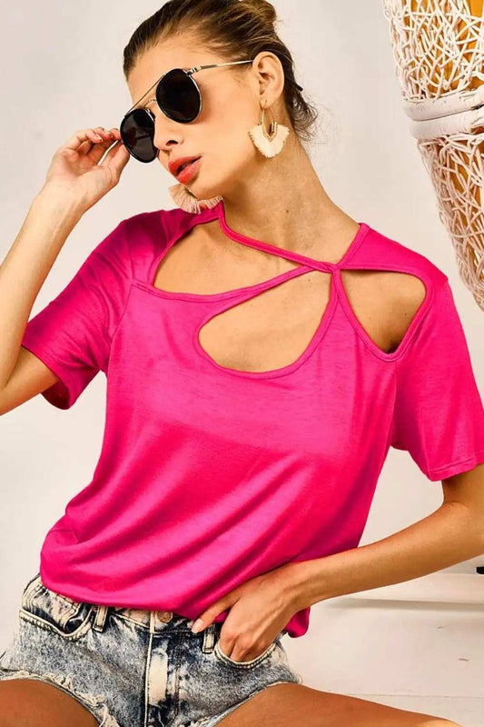 BiBi Cutout Asymmetrical Neck Short Sleeve T-Shirt - Trendsi - Flyclothing LLC