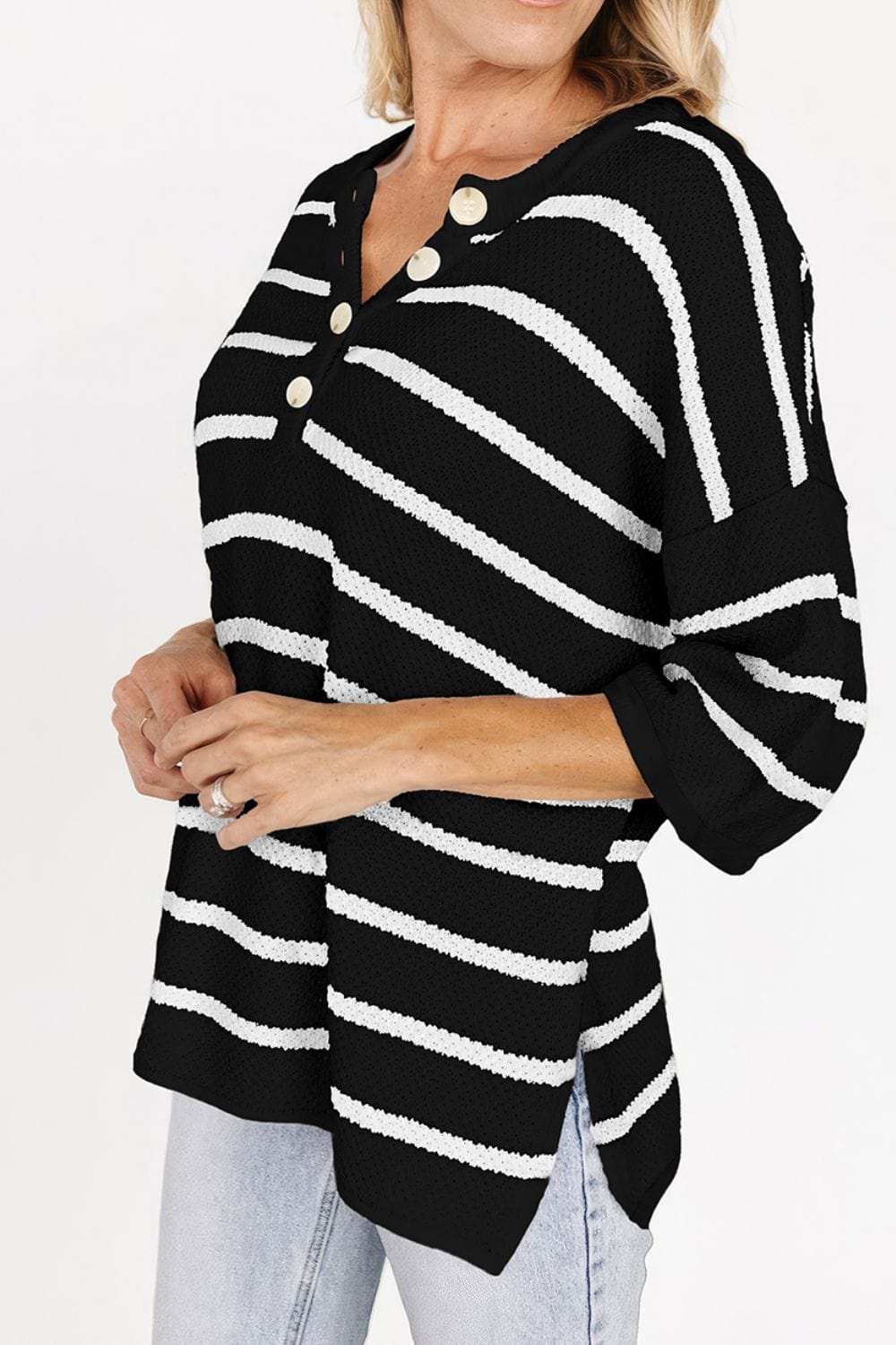 Stripe Drop Shoulder Side Slit Knit Top - Trendsi - Flyclothing LLC
