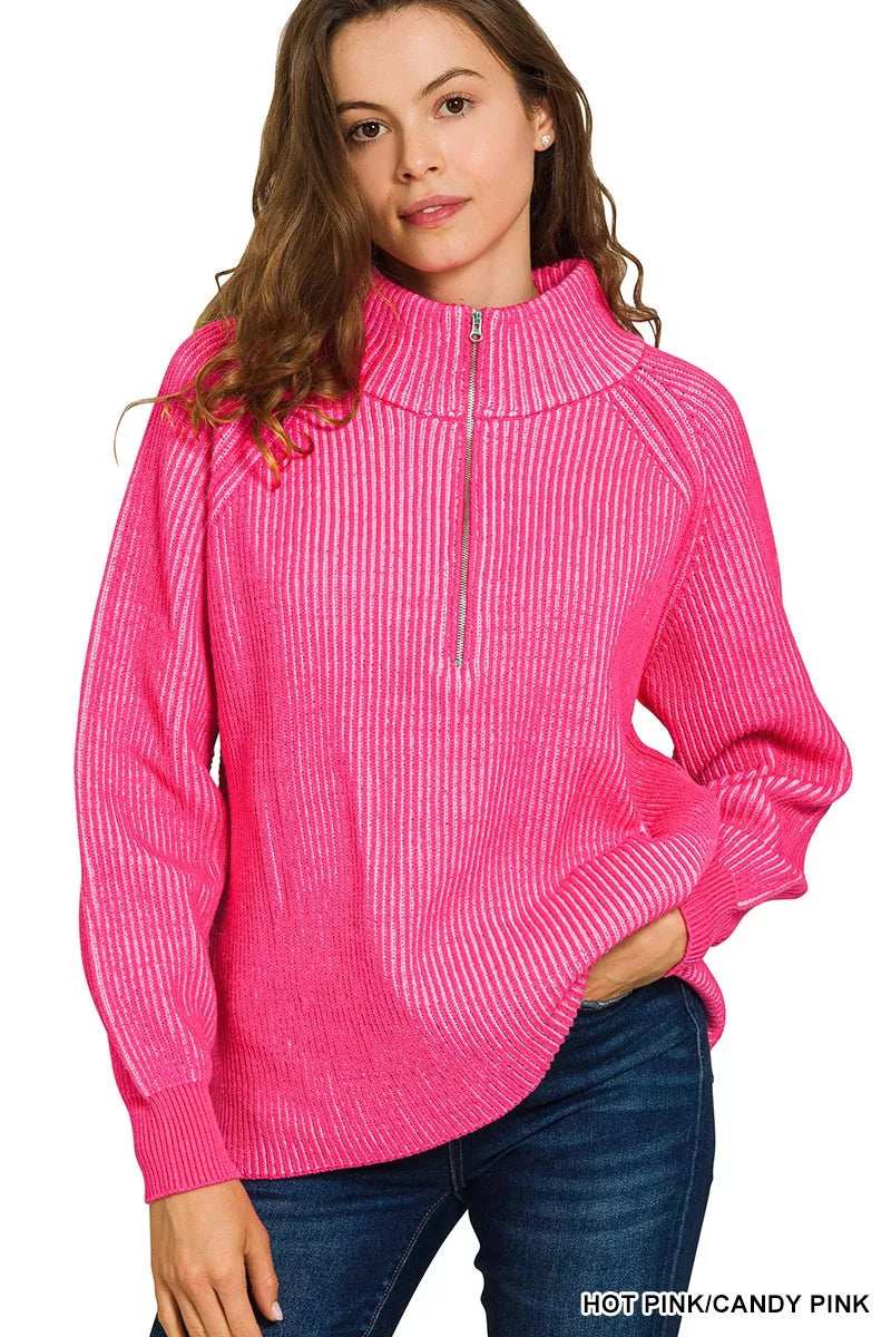 Zenana Ribbed Two Tone Half Zip Sweater - Trendsi - Flyclothing LLC