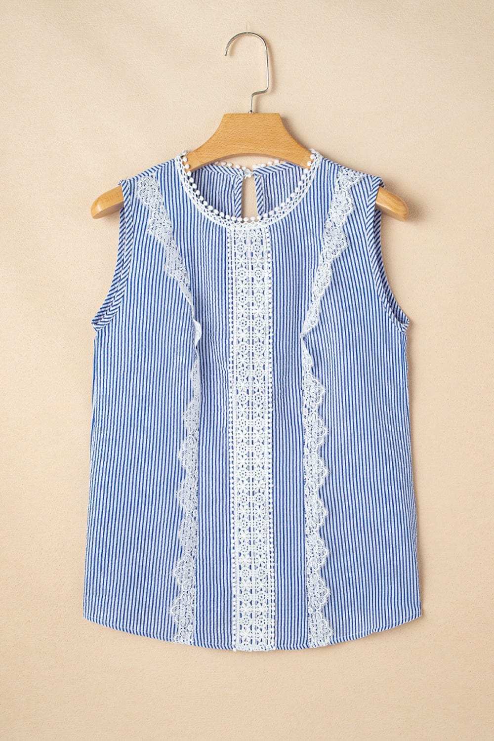 Stripe Lace Patchwork Crew Neck Sleeveless Top - Trendsi - Flyclothing LLC