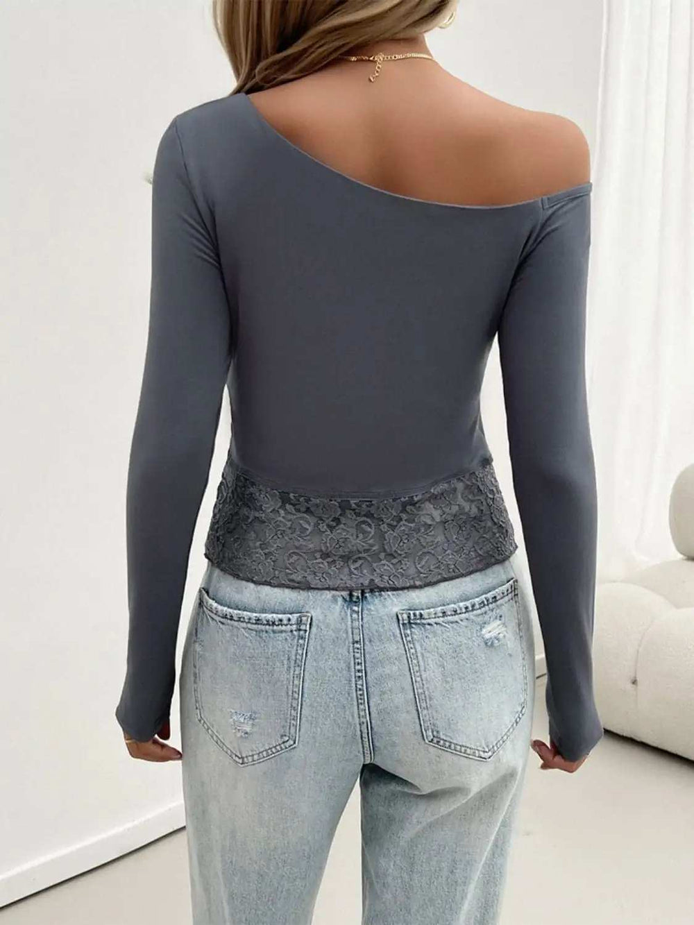 Single Shoulder Long Sleeve Lace T-Shirt - Trendsi - Flyclothing LLC