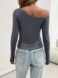 Single Shoulder Long Sleeve Lace T-Shirt - Trendsi - Flyclothing LLC