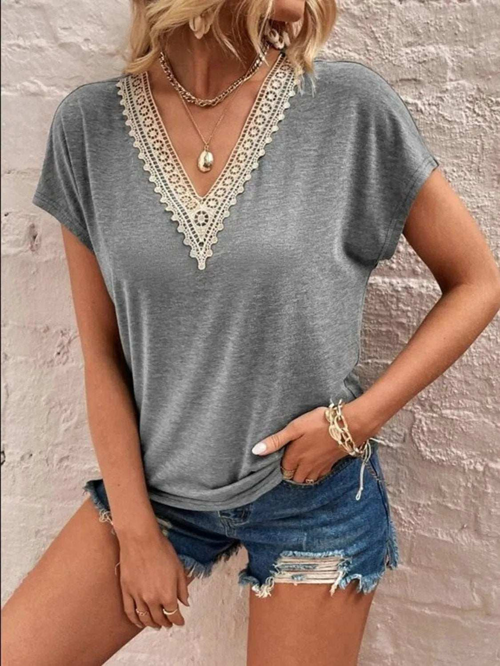 Full Size Lace Detail V-Neck Short Sleeve T-Shirt - Trendsi - Flyclothing LLC