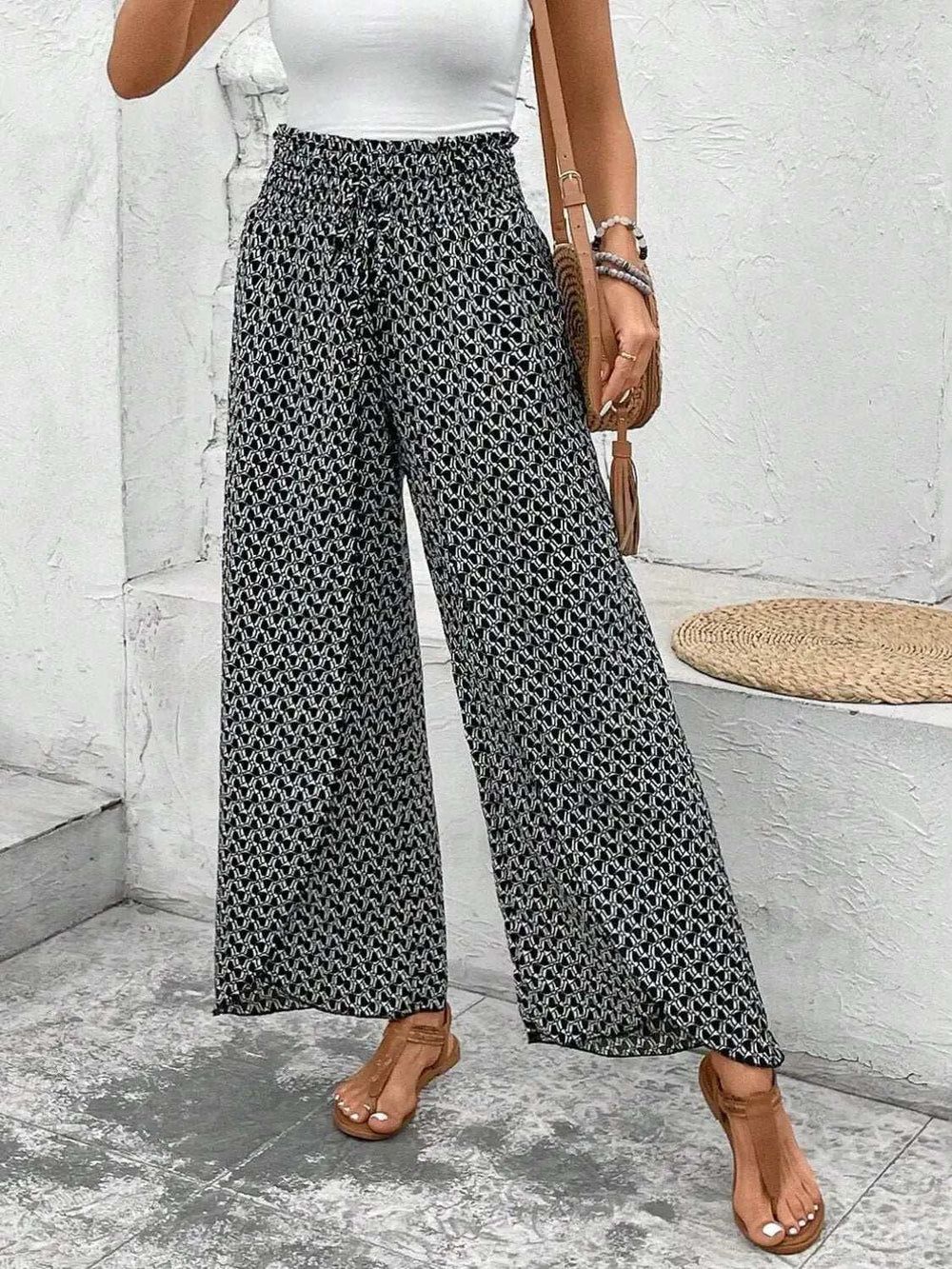 Tied Printed Wide Leg Pants - Trendsi - Flyclothing LLC