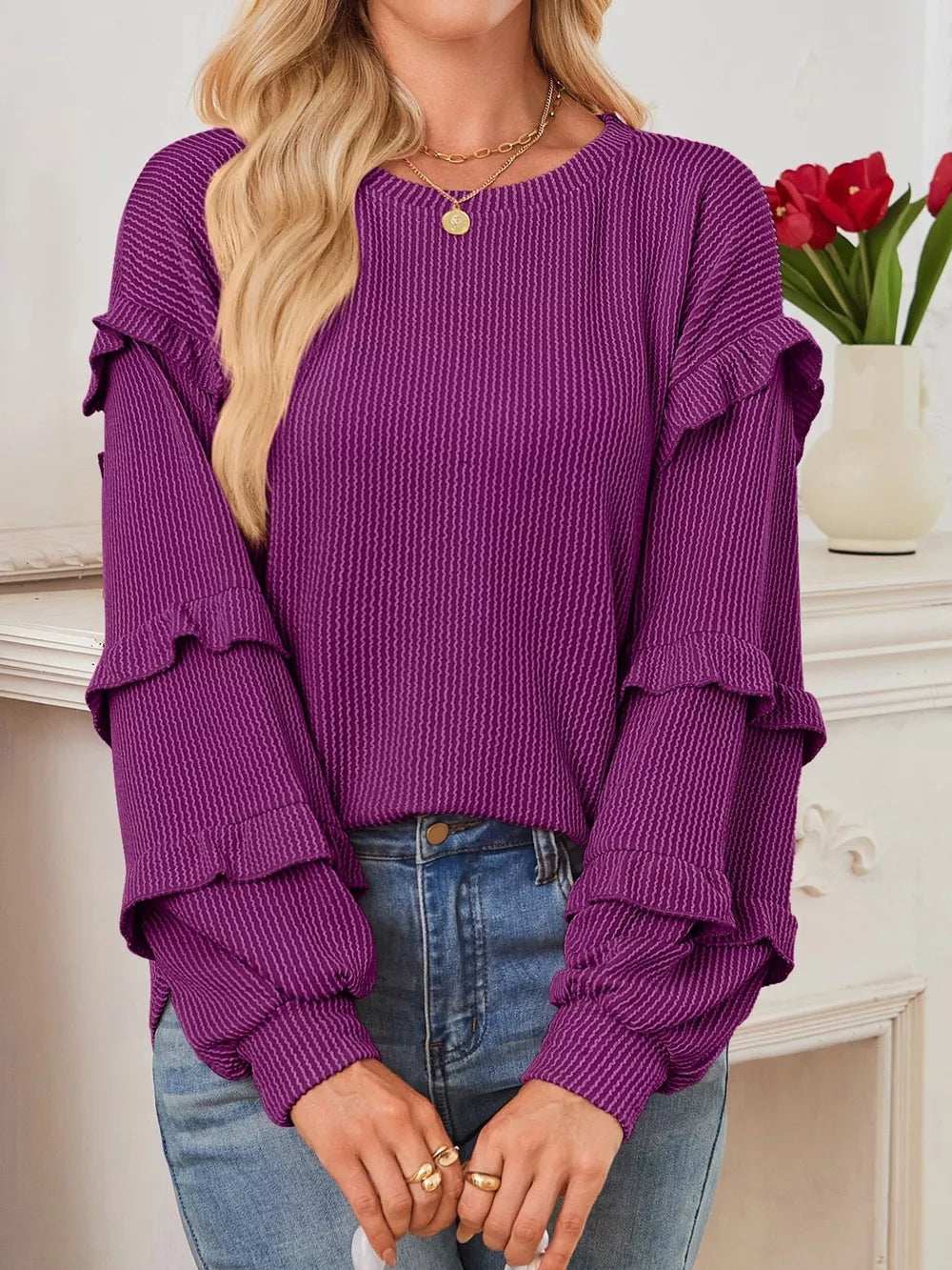 Round Neck Ruffled Long Sleeve Sweatshirt - Trendsi - Flyclothing LLC