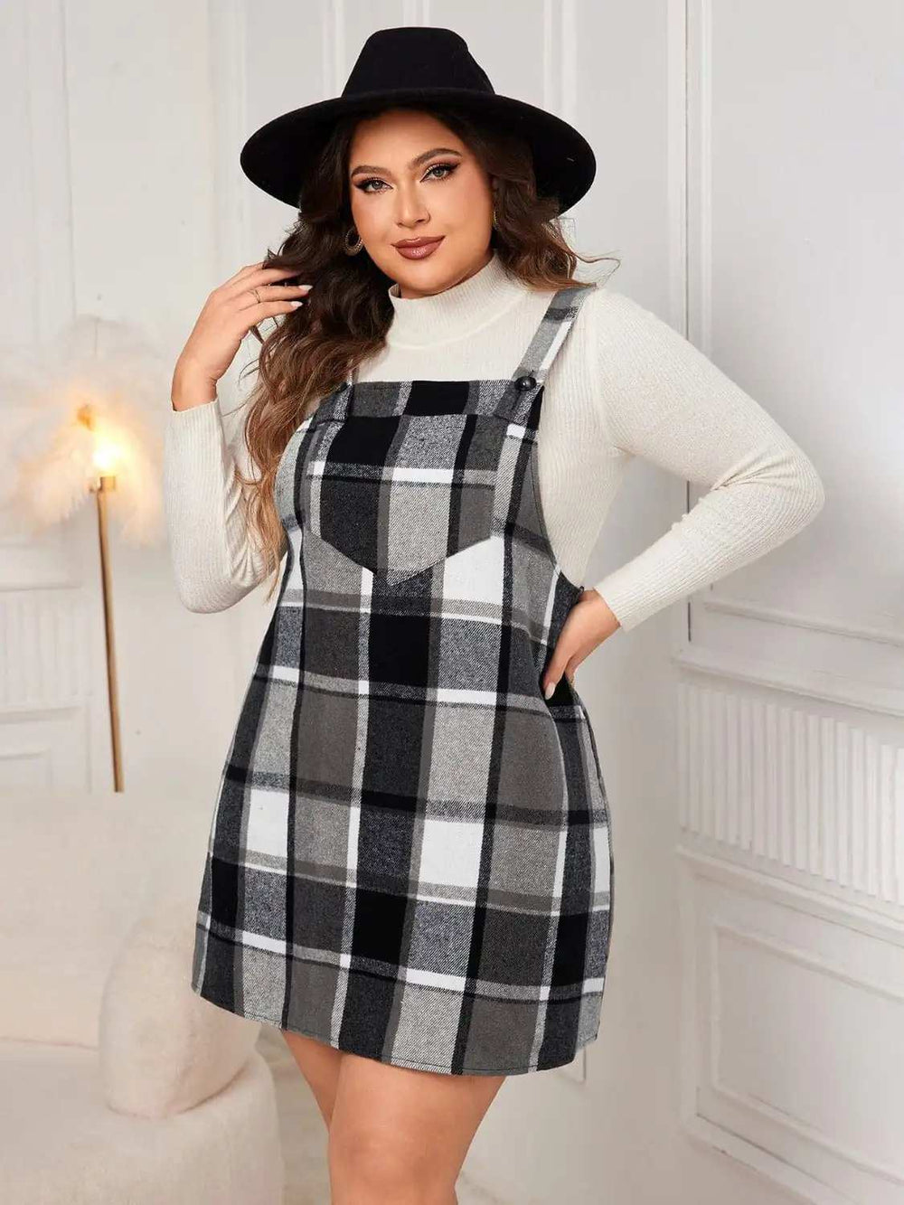 Plus Size Plaid Wide Strap Overall Dress - Trendsi - Flyclothing LLC