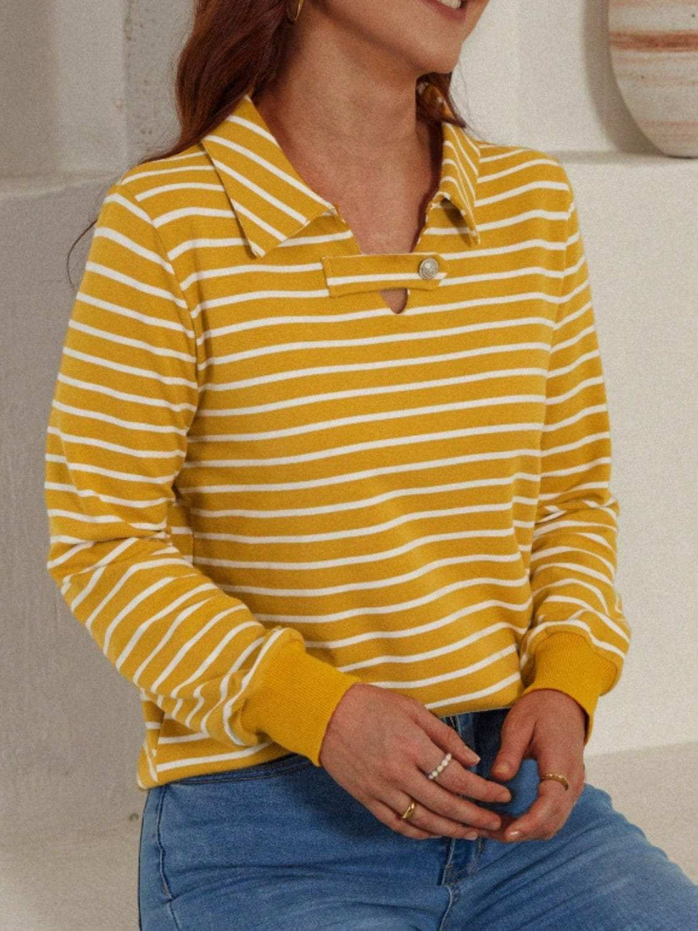 Striped Johnny Collar Long Sleeve T-Shirt - Trendsi - Flyclothing LLC