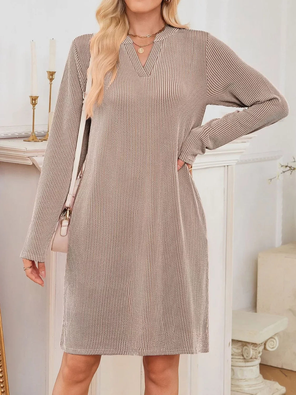 Casual Ribbed Knit Long Sleeve Dress - Trendsi - Flyclothing LLC