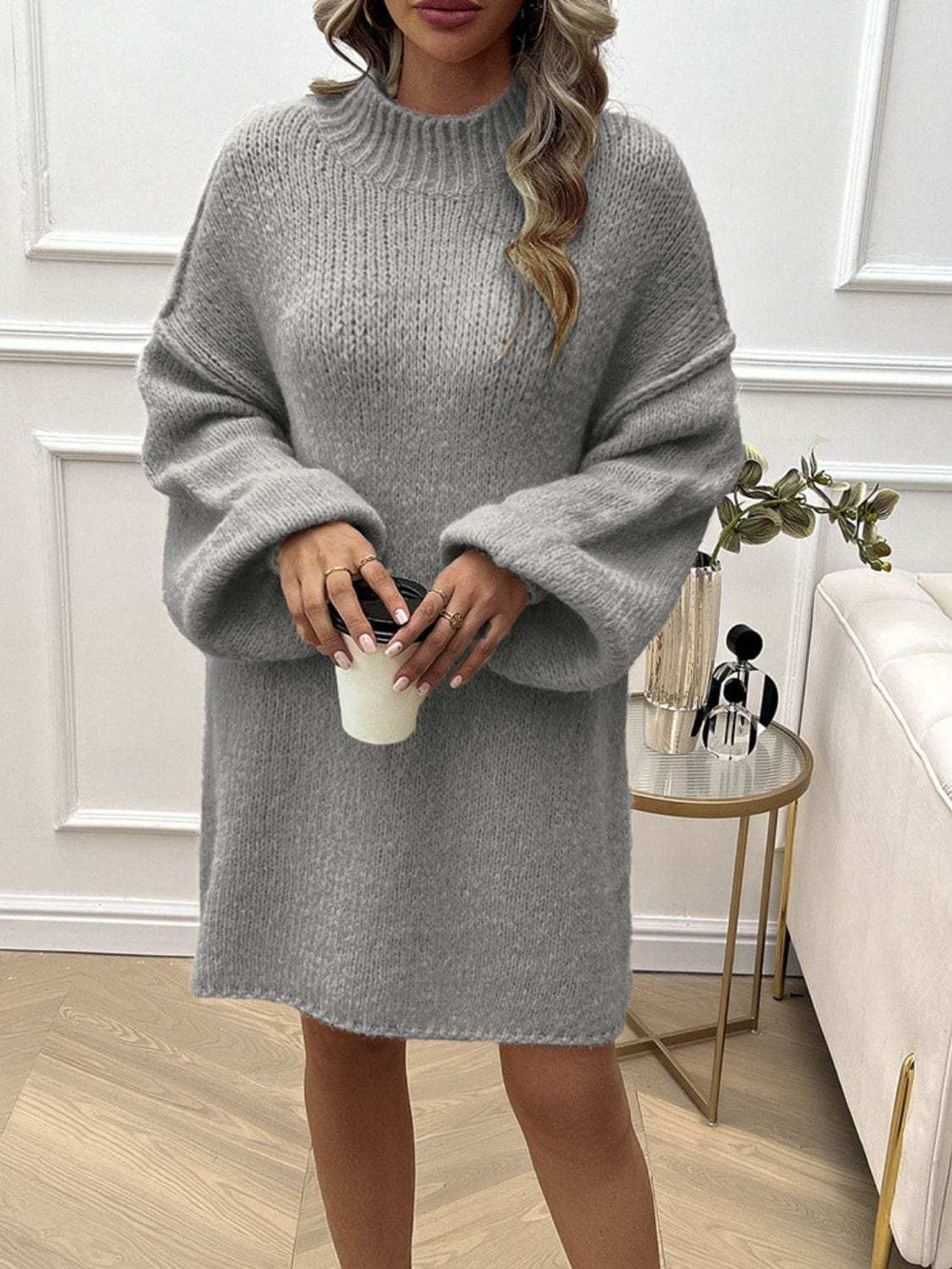 Devine Mock Neck Long Sleeve Mini Sweater Dress - Trendsi - Flyclothing LLC