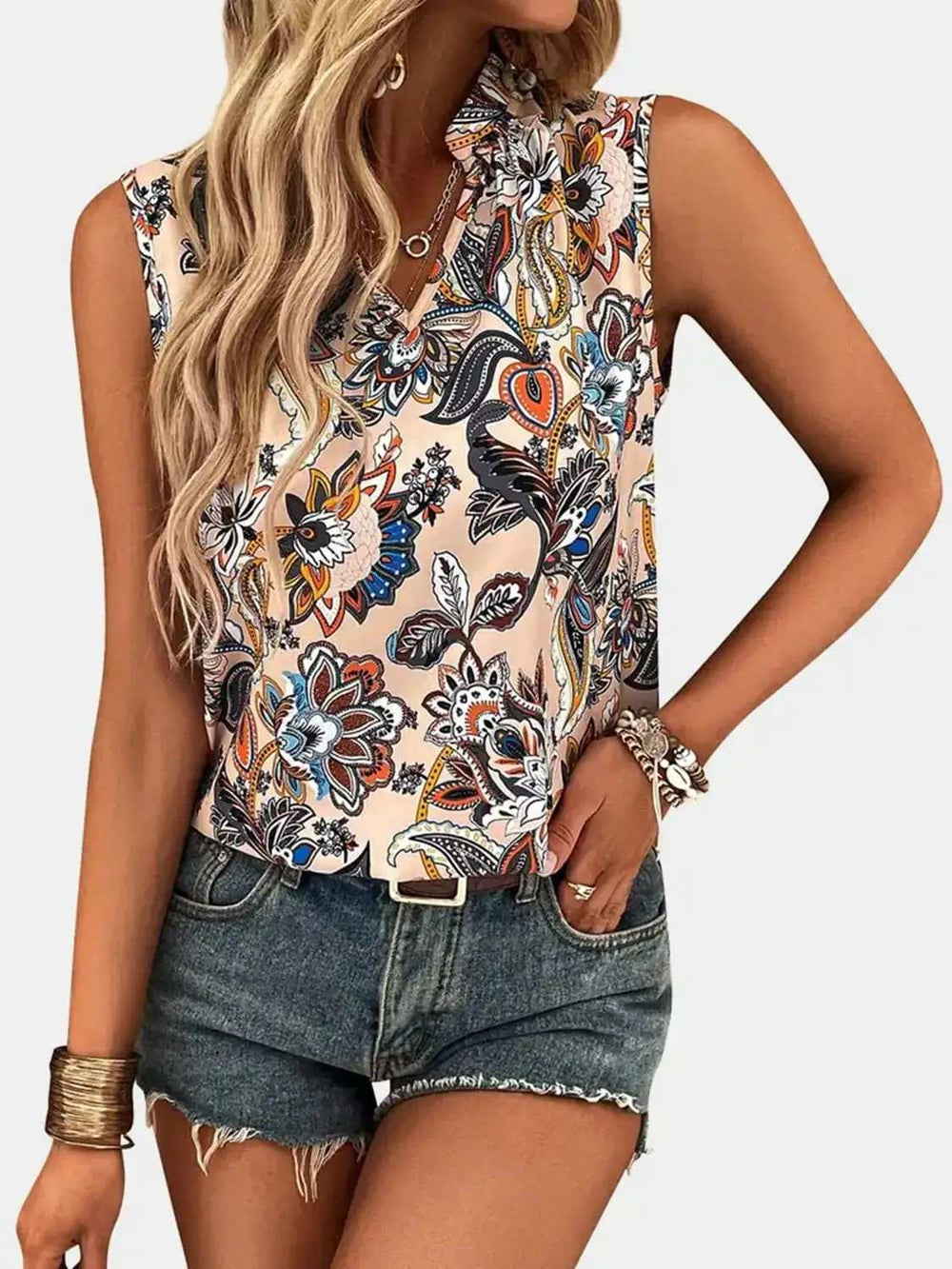 Printed Notched Sleeveless Top - Trendsi - Flyclothing LLC