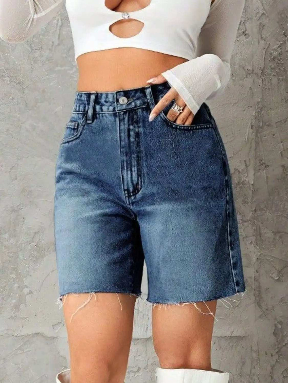 Frayed Hem Denim Shorts - Trendsi - Flyclothing LLC