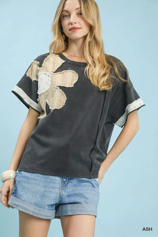Umgee French Terry Top with Flower Patch - Trendsi - Flyclothing LLC
