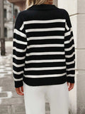 Striped Johnny Collar Long Sleeve Sweater - Trendsi - Flyclothing LLC