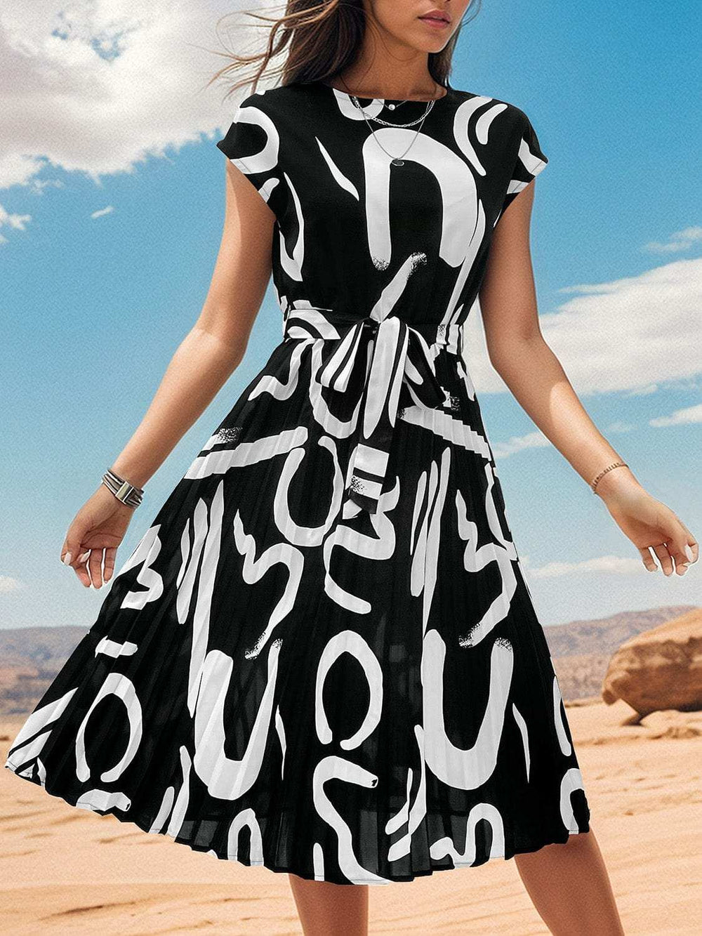 Printed Cap Sleeve Tie Waist Dress - Trendsi - Flyclothing LLC
