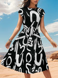 Printed Cap Sleeve Tie Waist Dress - Trendsi - Flyclothing LLC