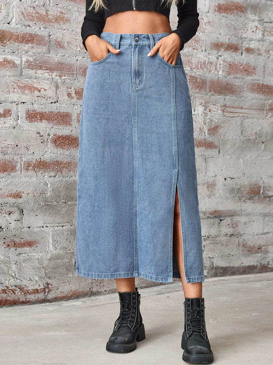 Slit High Waist Denim Skirt with Pockets - Trendsi - Flyclothing LLC