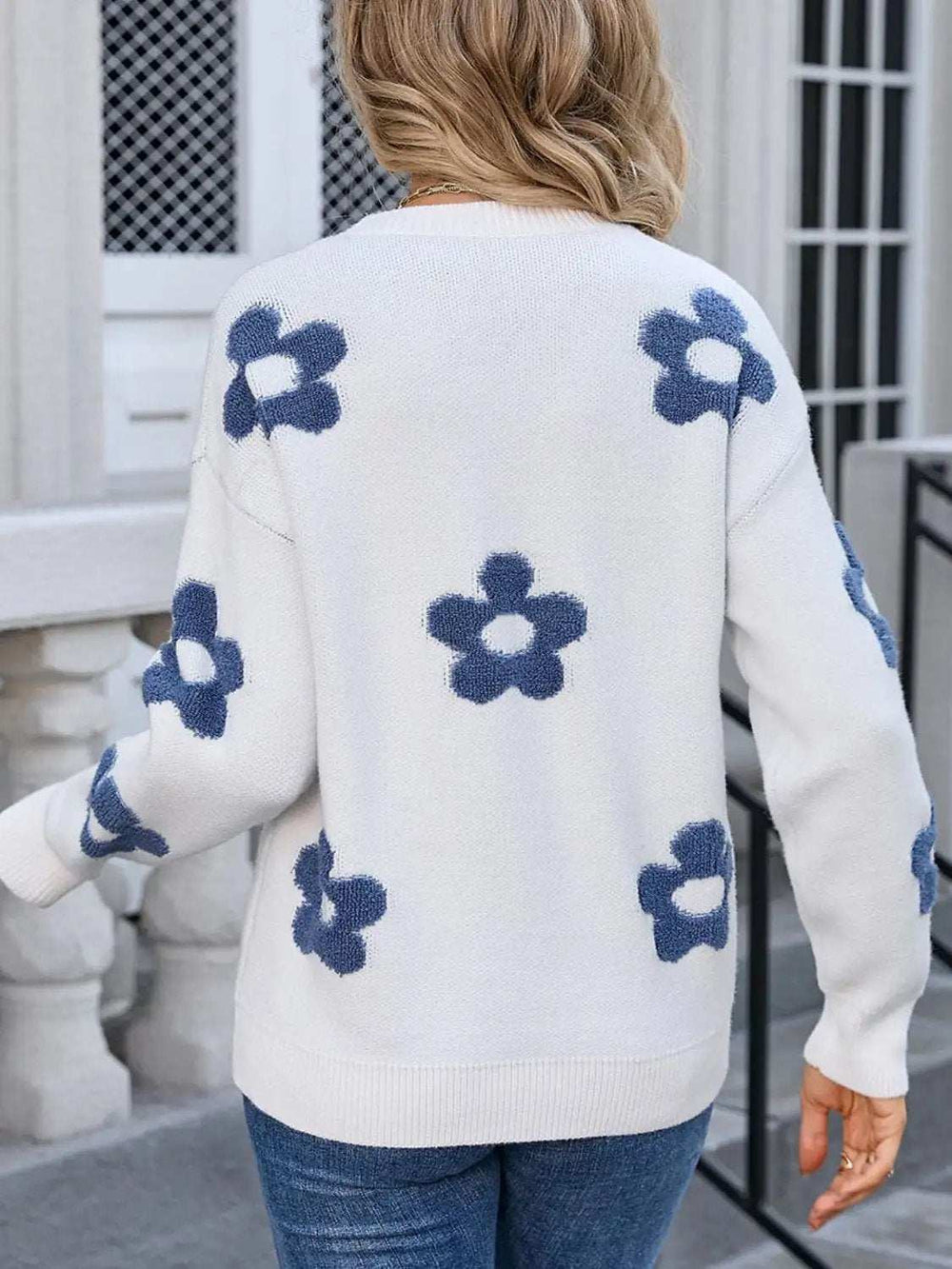 Angel Wings Flower Round Neck Long Sleeve Sweater - Trendsi - Flyclothing LLC