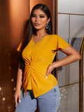 Twisted Solid V-Neck Cap Sleeve Blouse - Trendsi - Flyclothing LLC