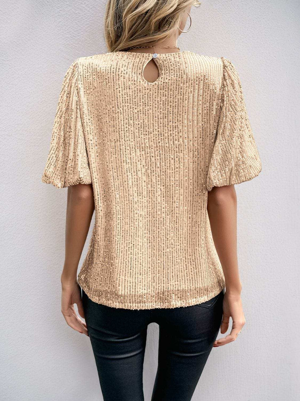 Sequin Round Neck Half Sleeve Top - Trendsi - Flyclothing LLC