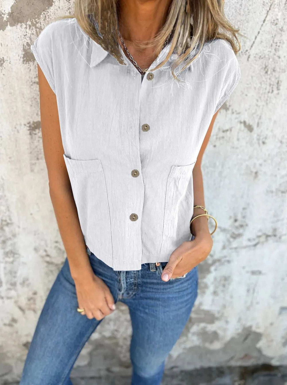 Full Size Button Down Cap Sleeve Linen Shirt Plus Size - Trendsi - Flyclothing LLC