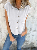 Full Size Button Down Cap Sleeve Linen Shirt Plus Size - Trendsi - Flyclothing LLC