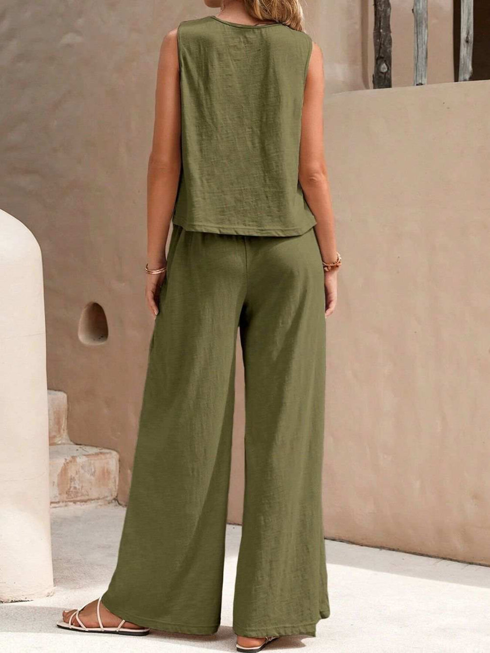 Round Neck Sleeveless Top and Wide Leg Pants Set - Trendsi - Flyclothing LLC