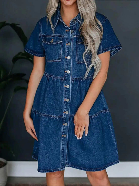 Pocketed Button Up Collared Neck Short Sleeve Denim Dress - Trendsi - Flyclothing LLC