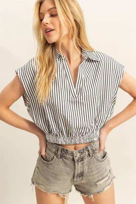 HYFVE Striped Elastic Hem Johnny Collar Cap Sleeve Blouse - Trendsi - Flyclothing LLC