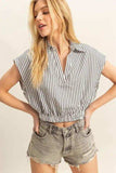 HYFVE Striped Elastic Hem Johnny Collar Cap Sleeve Blouse - Trendsi - Flyclothing LLC