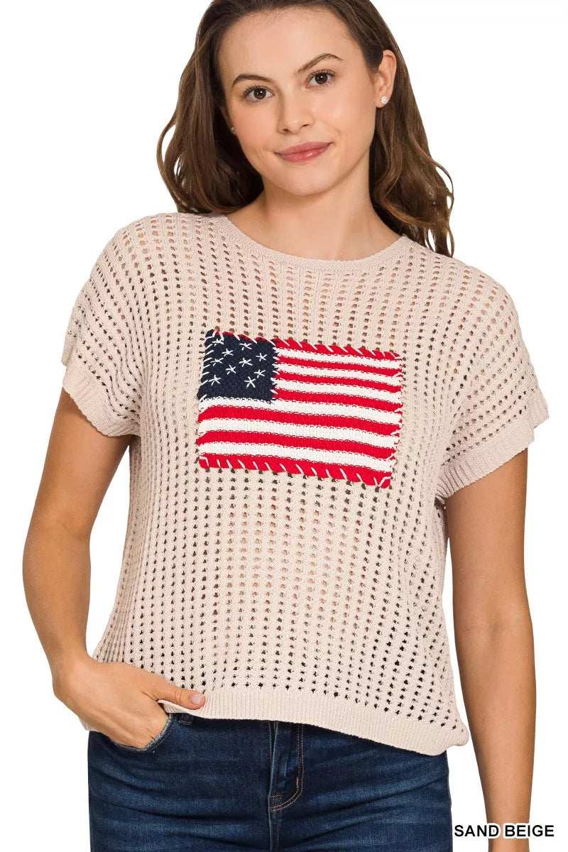 Zenana Viscose American Flag Openwork Knit Top - Trendsi - Flyclothing LLC