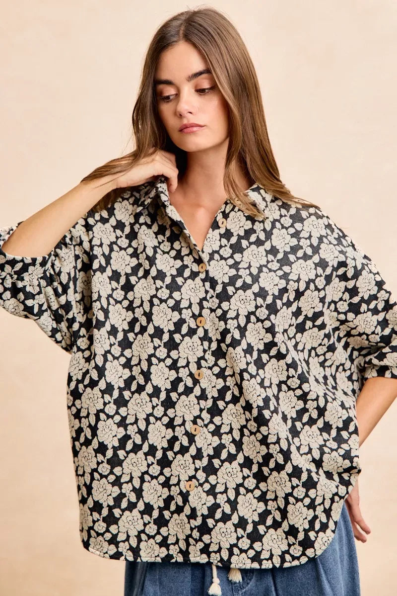 BiBi Floral Jacquard Short Dolman Sleeves Shirt - Trendsi - Flyclothing LLC