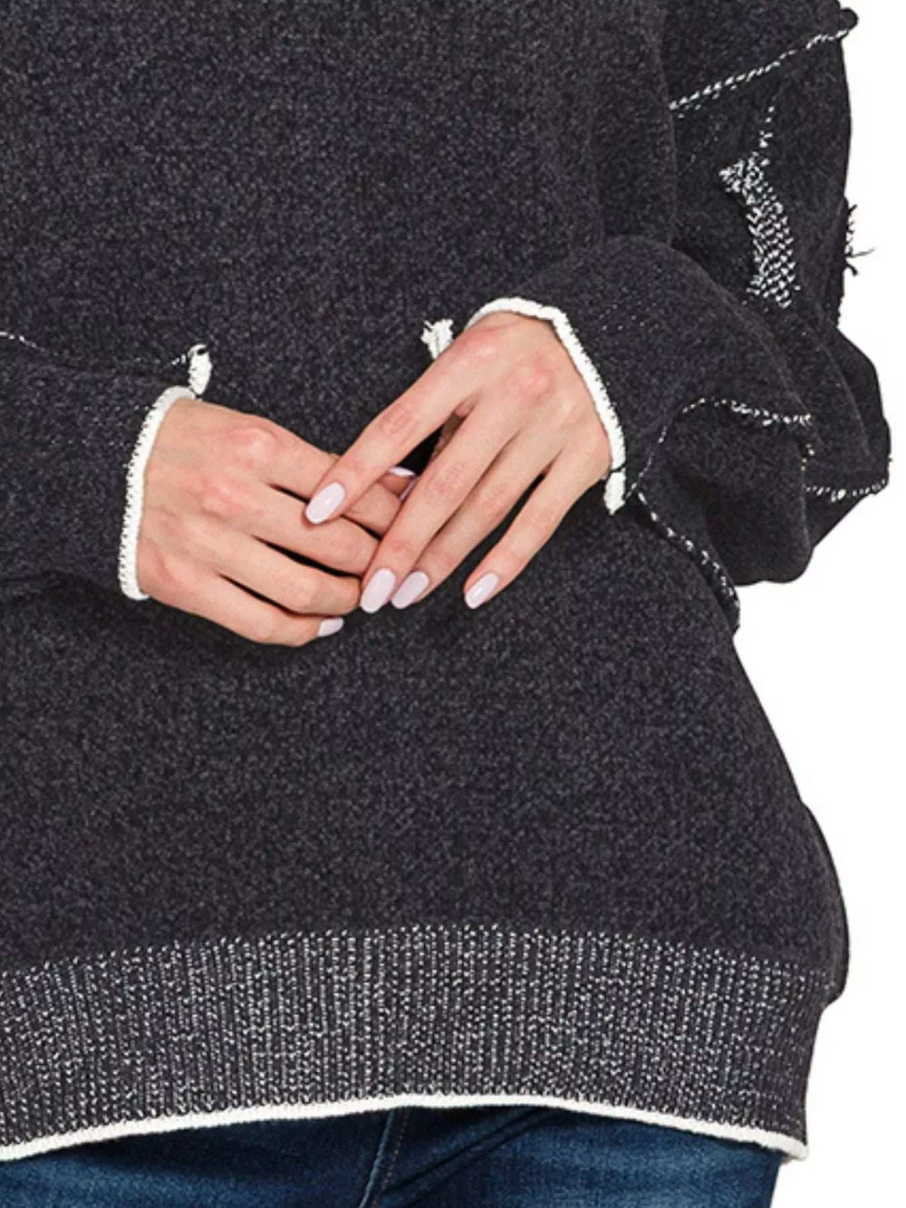 Zenana Exposed Seam Round Neck Two-Tone Sweater - Trendsi - Flyclothing LLC