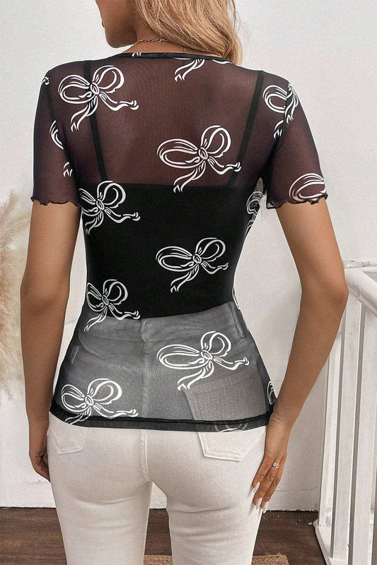Bow Mesh Round Neck Short Sleeve T-Shirt - Trendsi - Flyclothing LLC