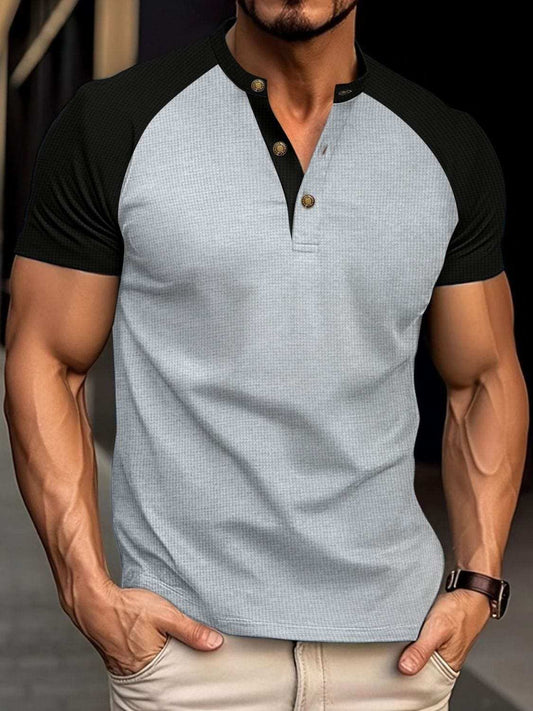 Men's Full Size Waffle-Knit Round Neck Contrast Polo Plus Size - Trendsi - Flyclothing LLC