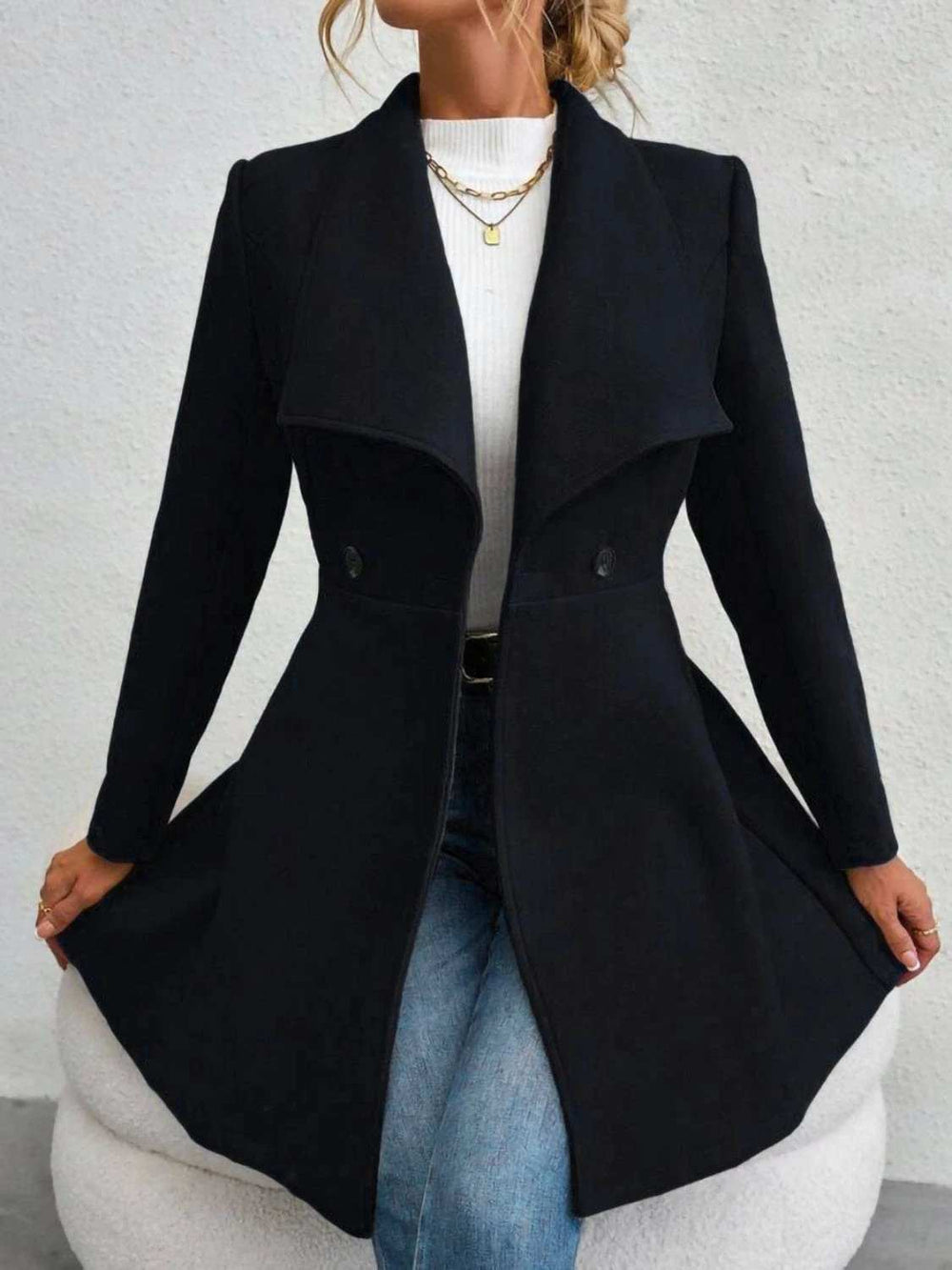 Collared Neck Button Up Long Sleeve Coat - Trendsi - Flyclothing LLC