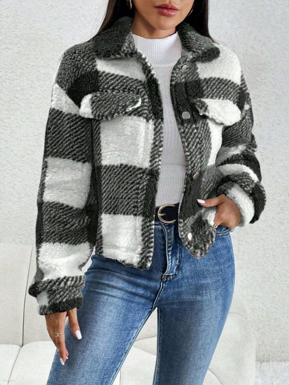 Decorative Pocket Flap Plaid Long Sleeve Jacket - Trendsi - Flyclothing LLC