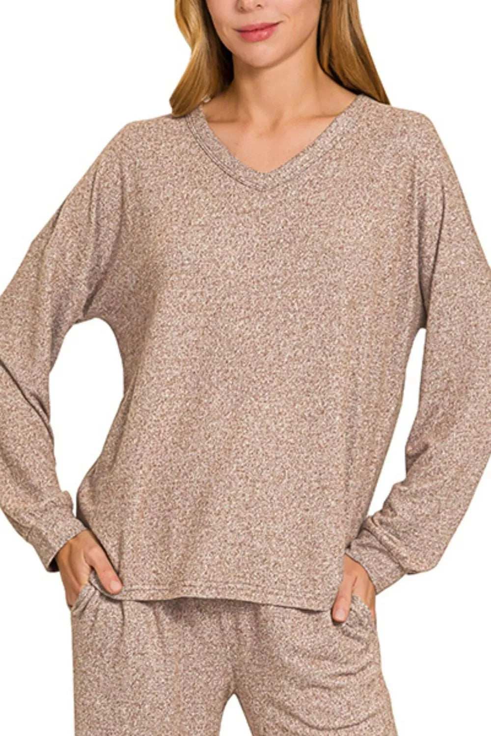 Zenana Soft Melange Long Sleeve Tee & Pants Set - Trendsi - Flyclothing LLC