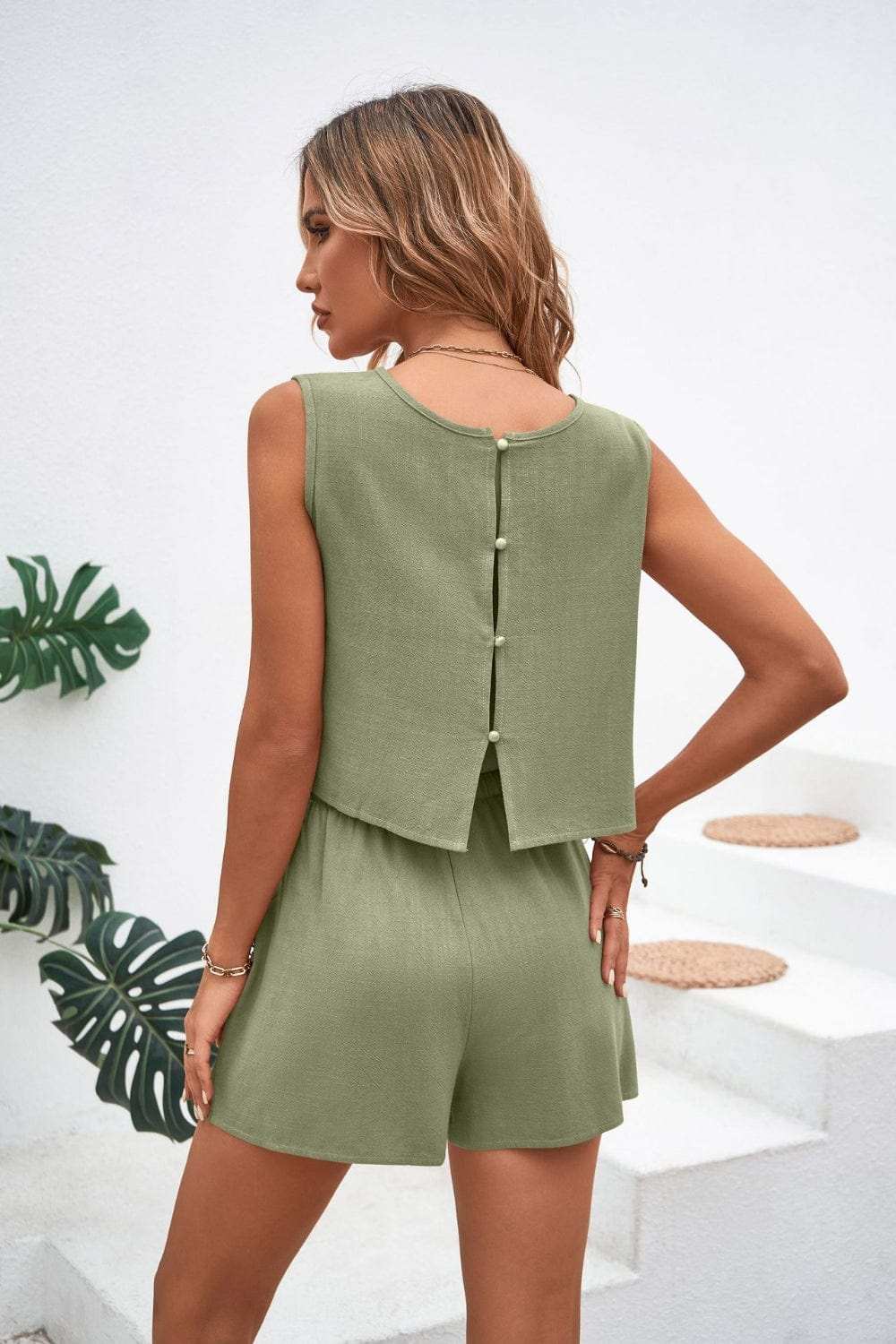 Round Neck Top and Drawstring Shorts Set - Trendsi - Flyclothing LLC