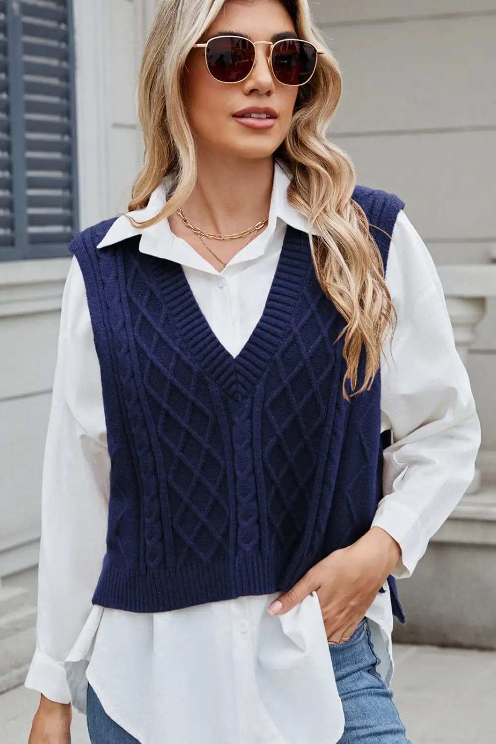 Cable-Knit V-Neck Sweater Vest - Trendsi - Flyclothing LLC