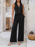 Devine Button Down Vest and Wide Leg Pants Set - Trendsi - Flyclothing LLC