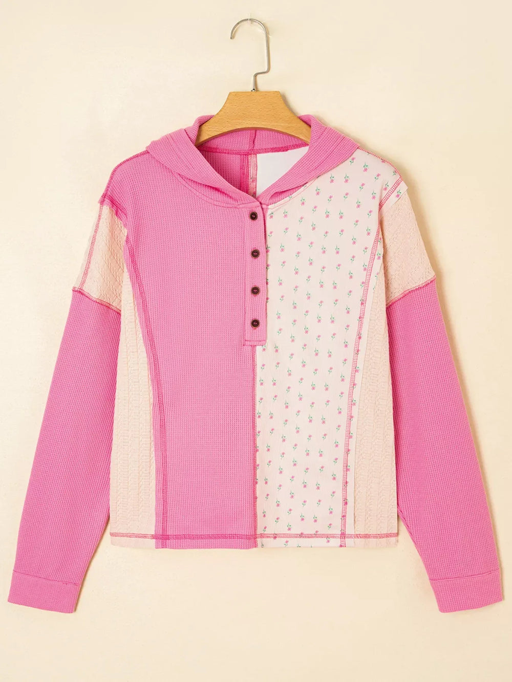 Mixed Texture Waffle Floral Patchwork Hooded Oversize Pullover - Trendsi - Flyclothing LLC