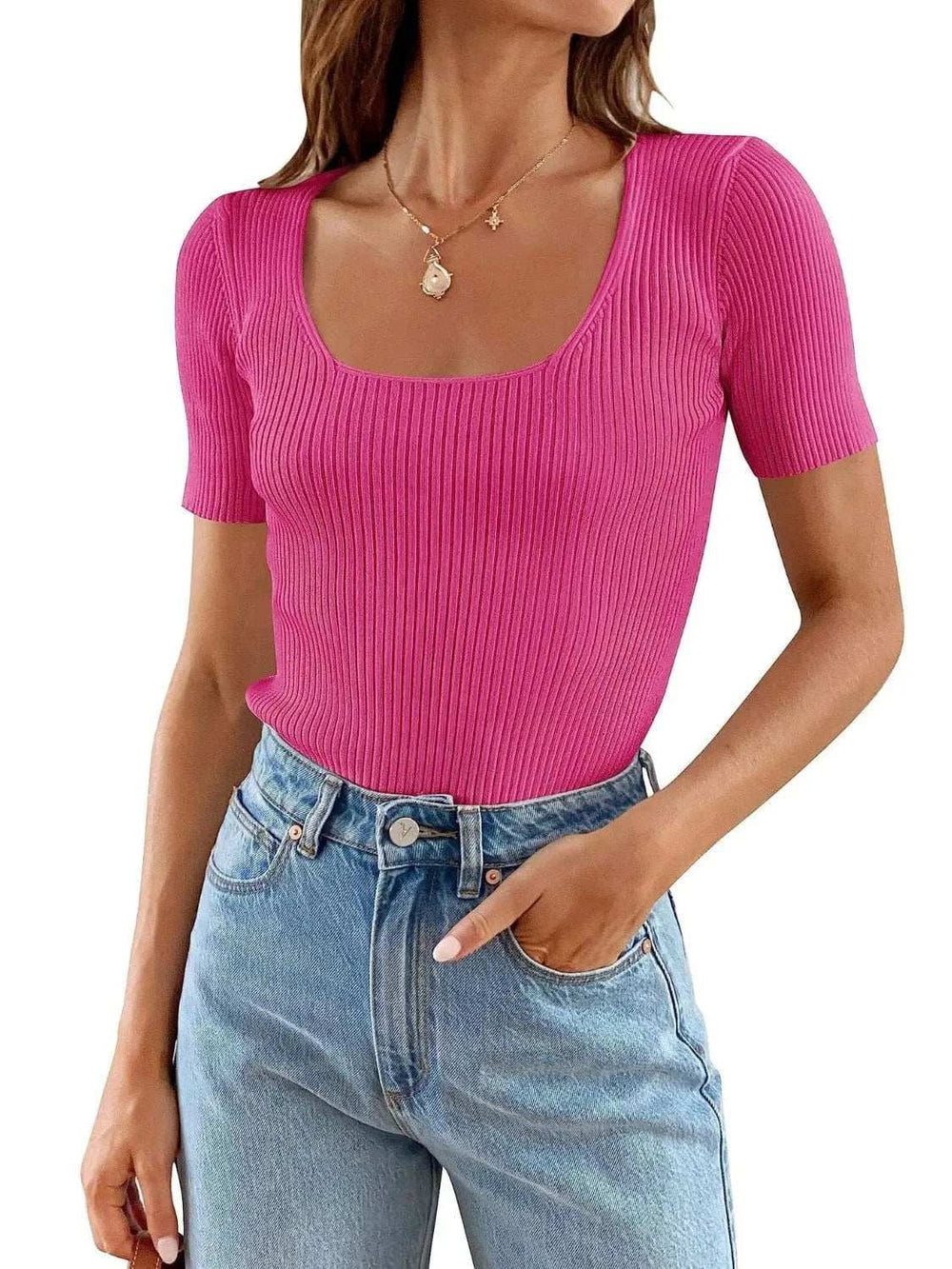 Ribbed Square Neck Short Sleeve Knit Top - Trendsi - Flyclothing LLC