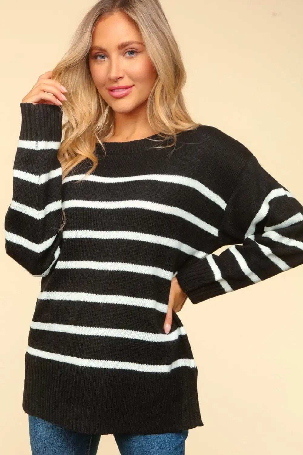 Haptics Full Size Striped Contrast Side Slit Sweater - Trendsi - Flyclothing LLC