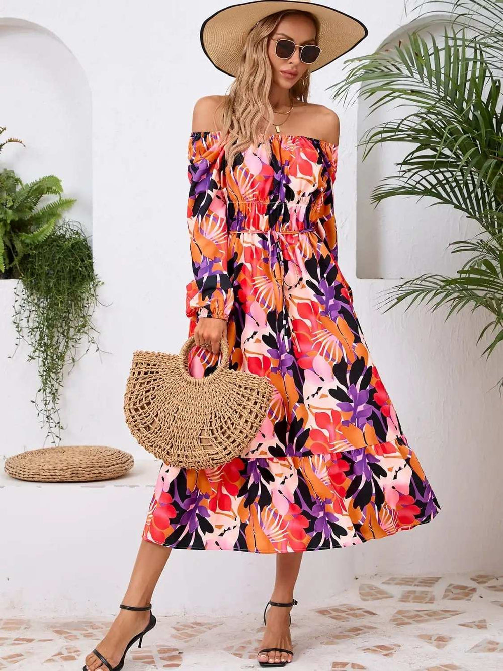 Printed Long Sleeve Midi Dress - Trendsi - Flyclothing LLC