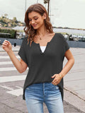 Notched Short Sleeve Knit Top - Trendsi - Flyclothing LLC