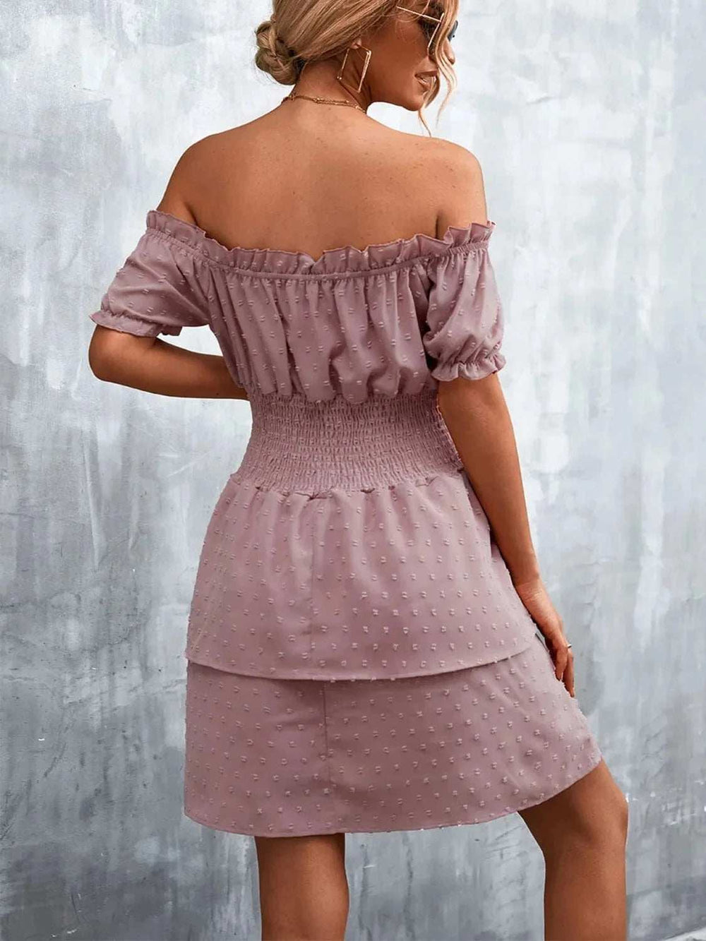 Ruffled Swiss Dot Off-Shoulder Dress - Trendsi - Flyclothing LLC
