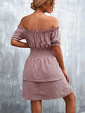 Ruffled Swiss Dot Off-Shoulder Dress - Trendsi - Flyclothing LLC